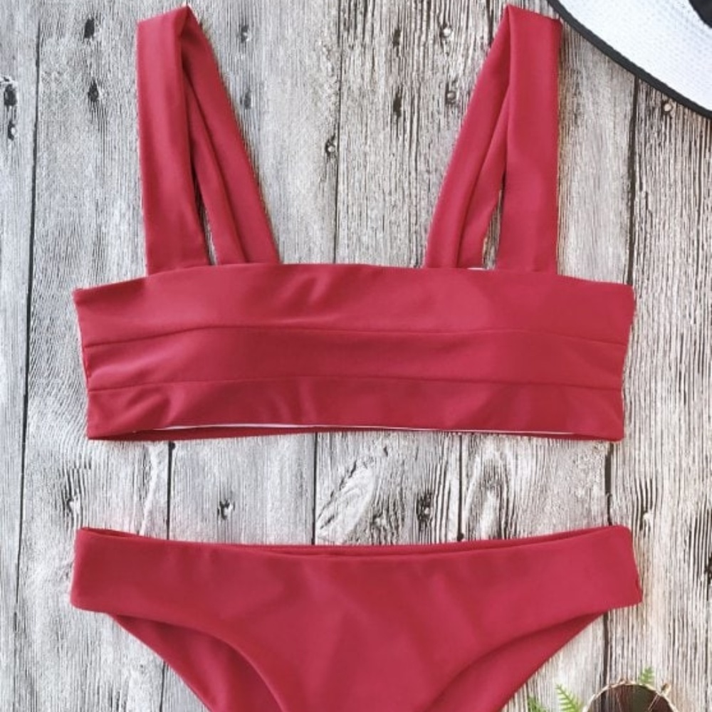 Zaful Red Padded Wide Straps Bandeau Bikini Set(M)
